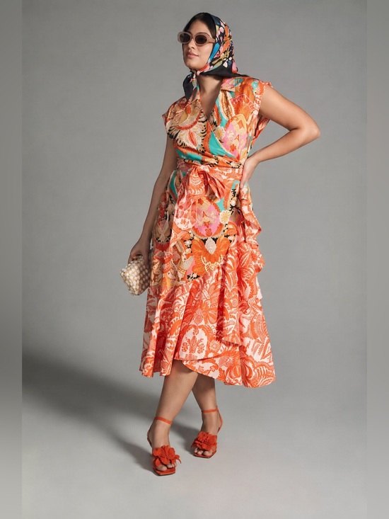 Anthropologie Dresses & Skirts - Anthropologie Wrap Midi Dress Mixed Print Floral Ruffle Hem Resort Boho M